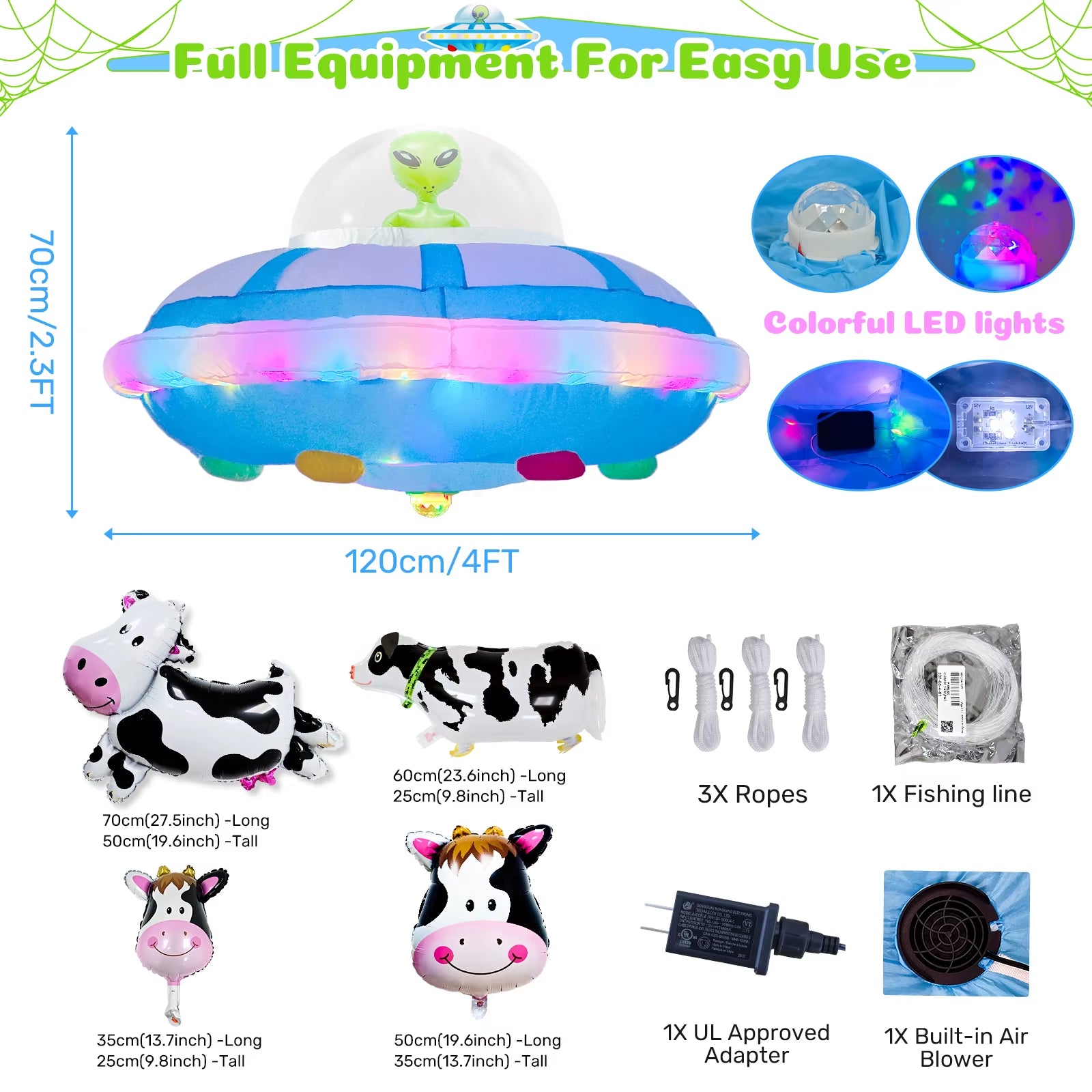 Ourwarm 4FT Halloween Inflatable Outdoor Decoration, Hanging UFO Cow Abduction Inflatable, Alien Halloween Blow up Yard Decor